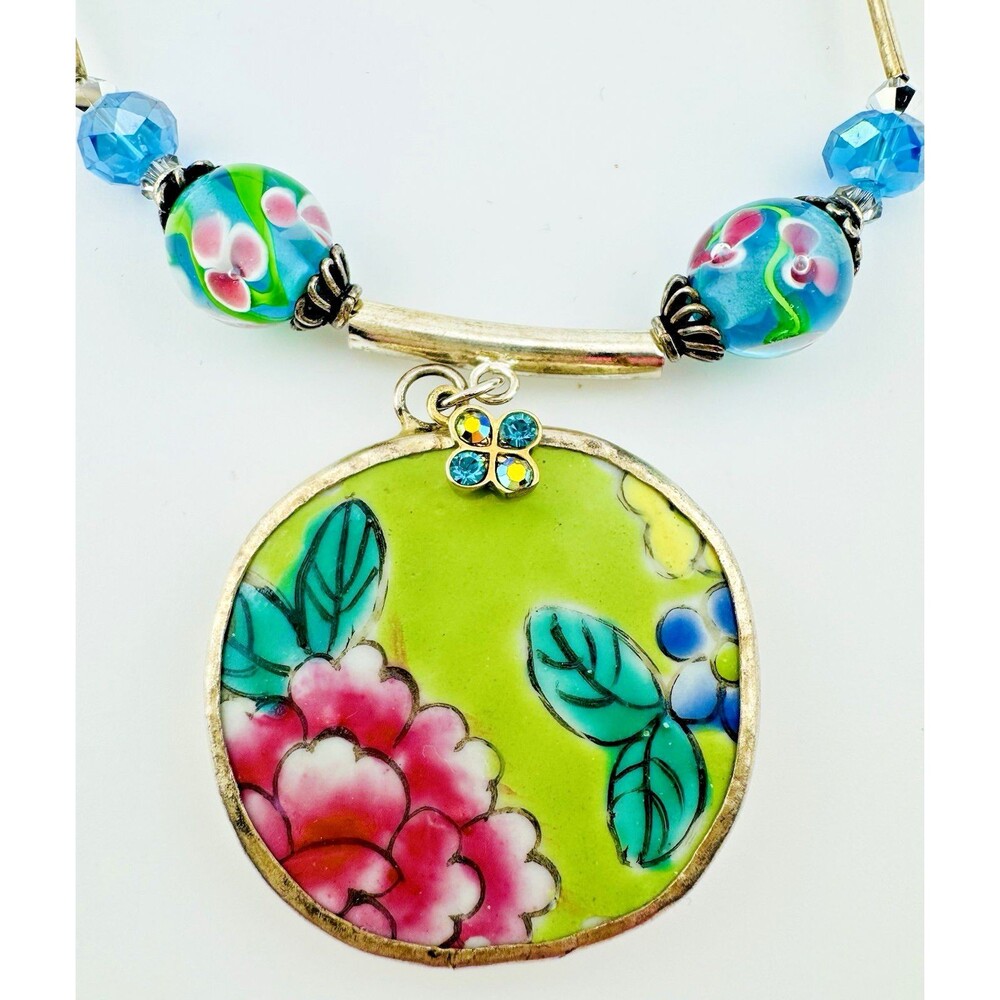 Vintage Art Lampwork Glass Necklace Hand Painted Floral Pendant Blue Green
